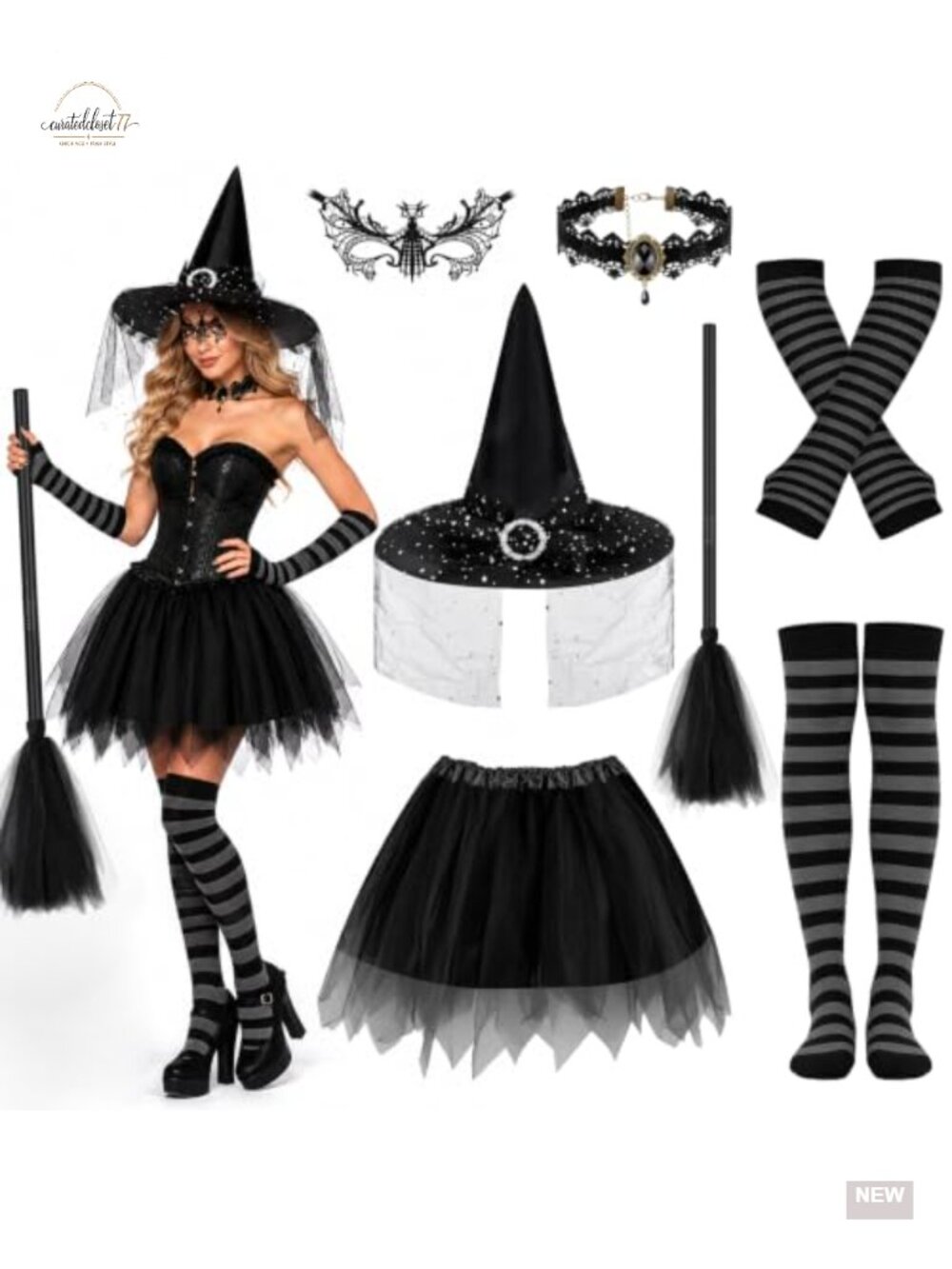 Women's Gothic Witch Costume Set with Hat Tutu Skirt Choker